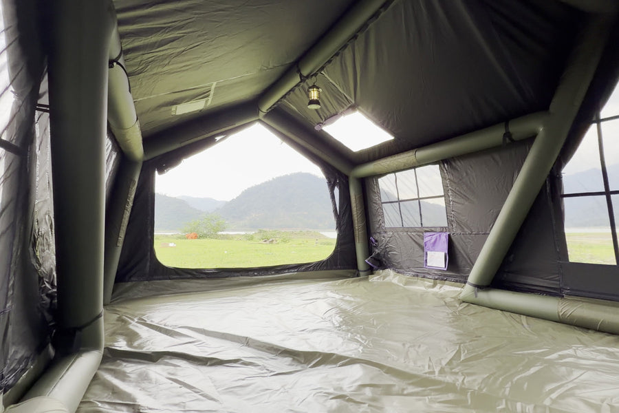 Purple A-Frame campsite photo: unfurnished interior.