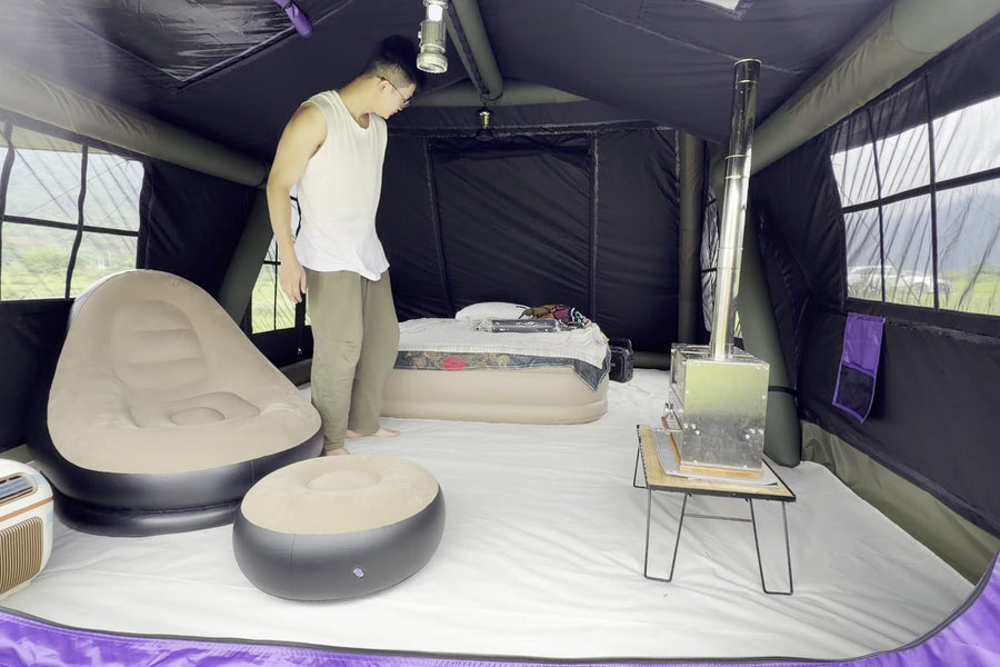 Purple A-Frame campsite photo: furnished interior.