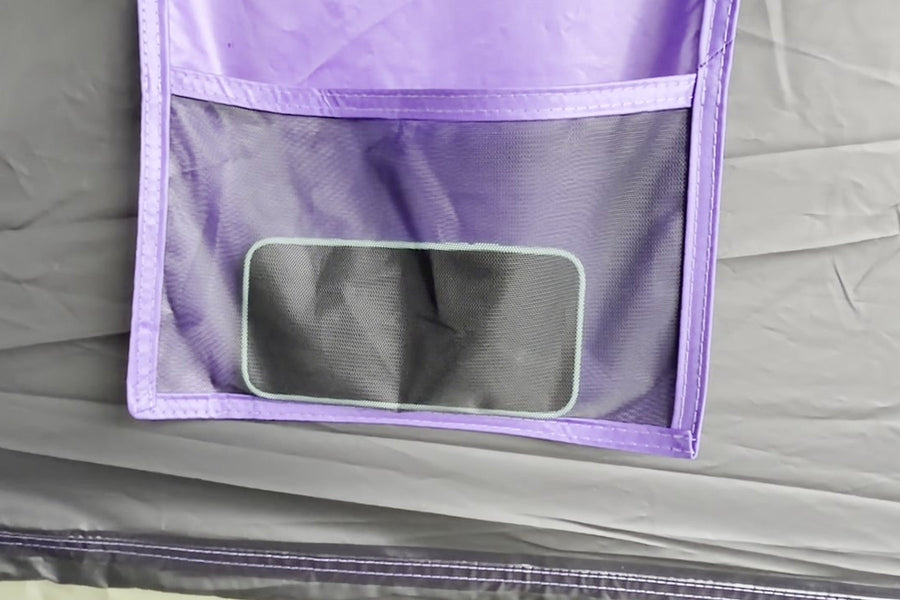 Purple A-Frame campsite photo: storage pocket.
