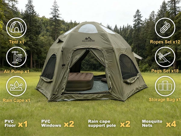What's included: SENLEETO tent, air pump, rain cape, pegs, and storage bag.