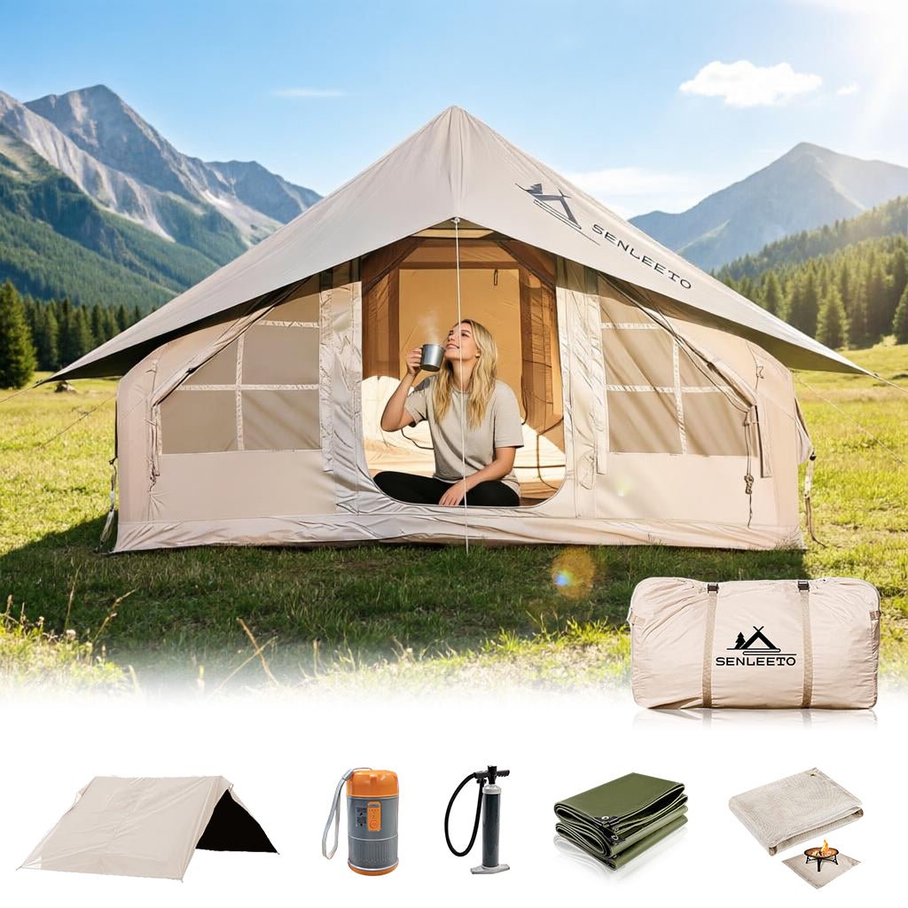 Complete setup of beige inflatable air tent with accessories for spring camping