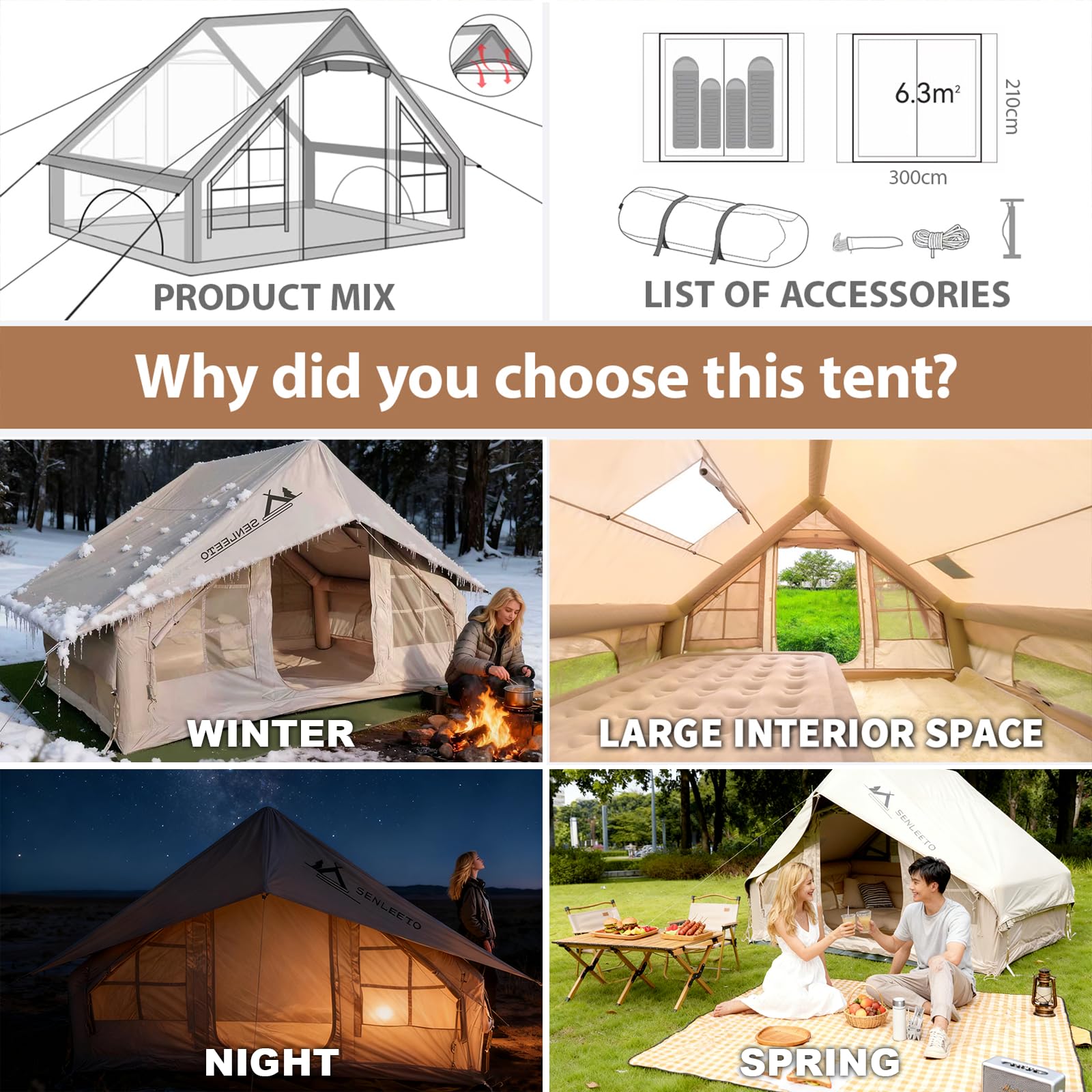 7x10 Compact Inflatable Cabin Tent, 2-4 Person, Stove Jack | Senleeto