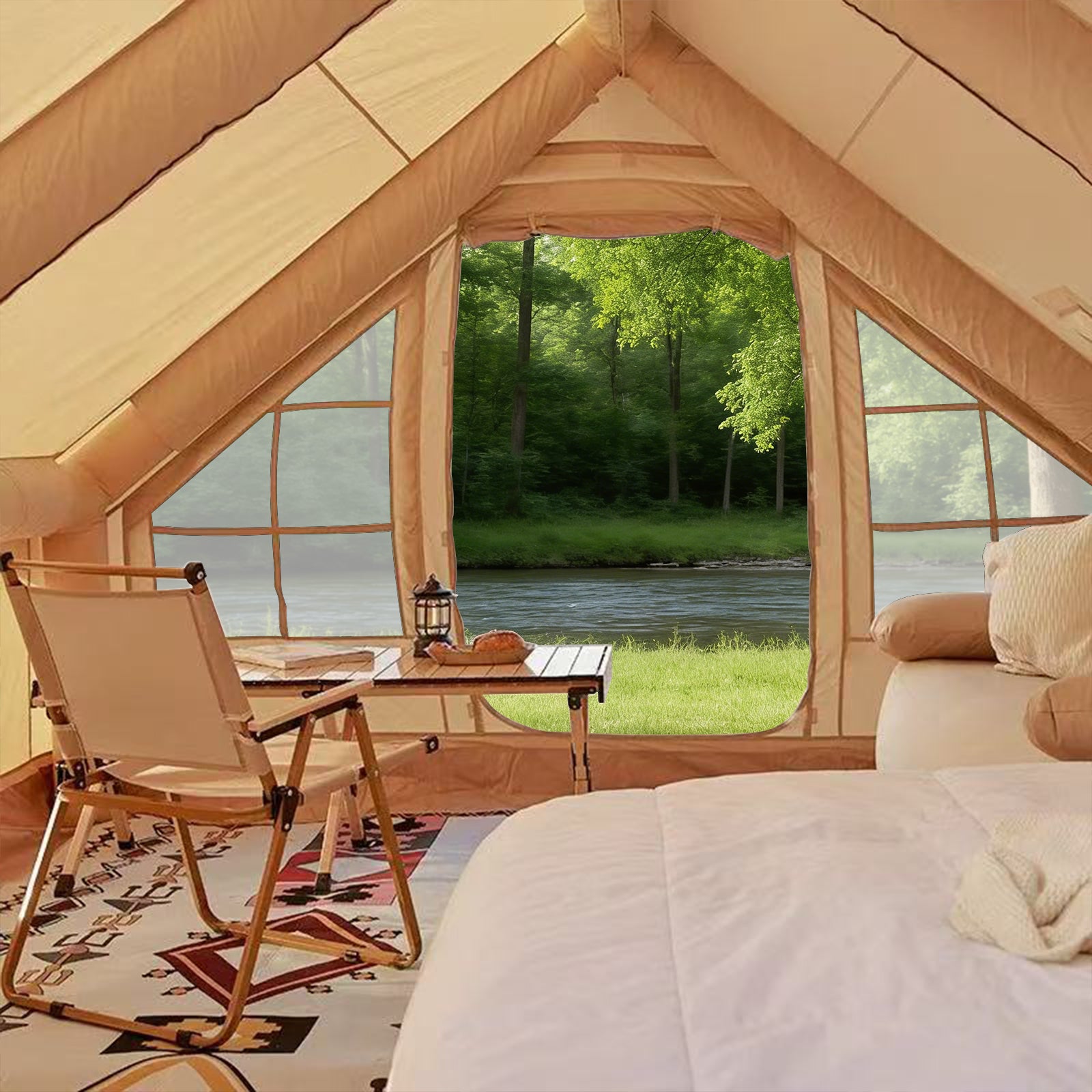 Night view of camping in a small beige inflatable tent with campfire