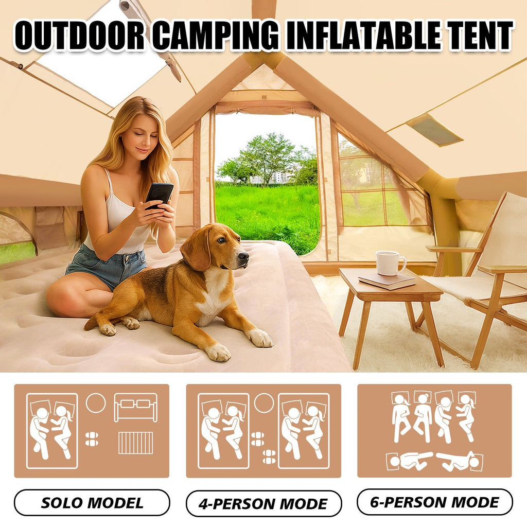 Cozy interior of 2-4 person blow up tent with pet and furniture