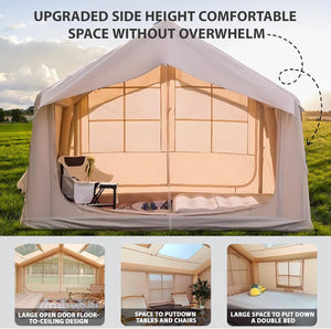 Large mesh windows for ventilation on beige inflatable tent