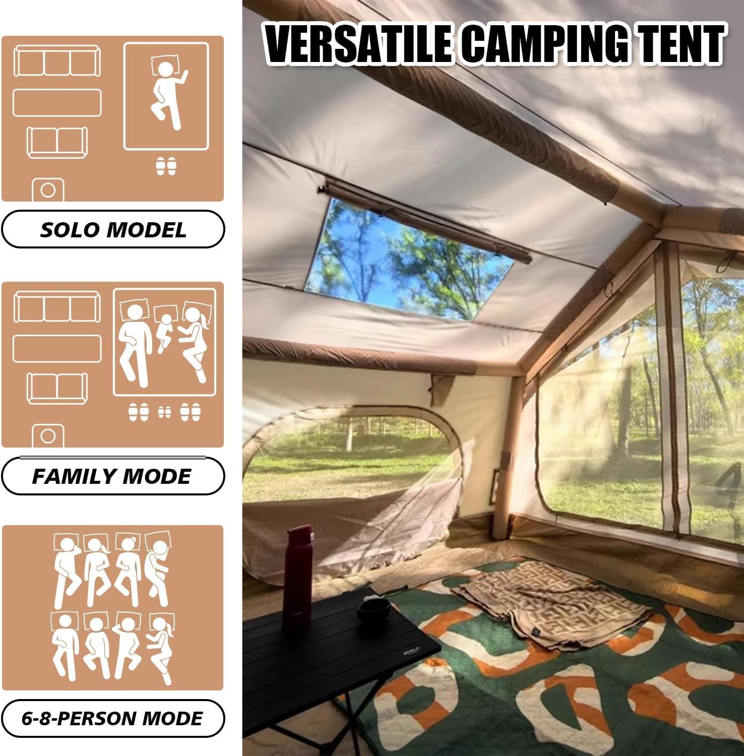 family air tent Inflatable Cabin Tent 4-6 Person with AC Port & Stove Jack - 420D Oxford 4 Season Air Tent, Rainfly & Floor Mat, Beige