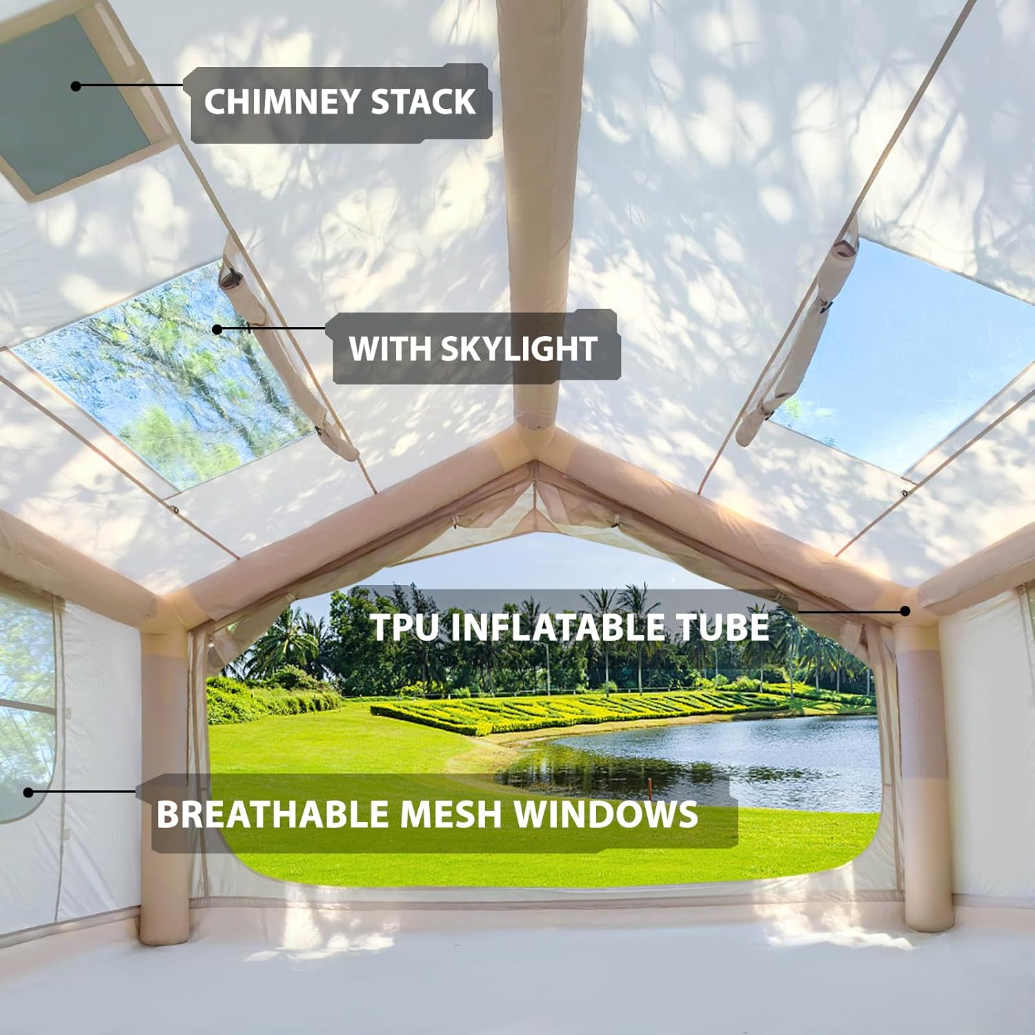 inflatable penthouse tent Inflatable Cabin Tent 4-6 Person with AC Port & Stove Jack - 420D Oxford 4 Season Air Tent, Rainfly & Floor Mat, Beige