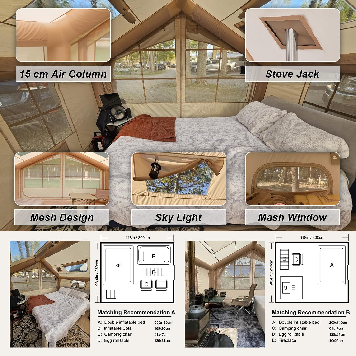 Interior layout of medium size inflatable family tent with furniture