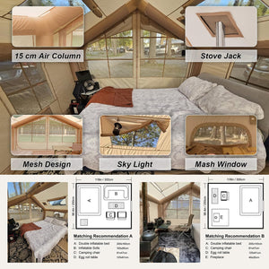 Interior layout of medium size inflatable family tent with furniture