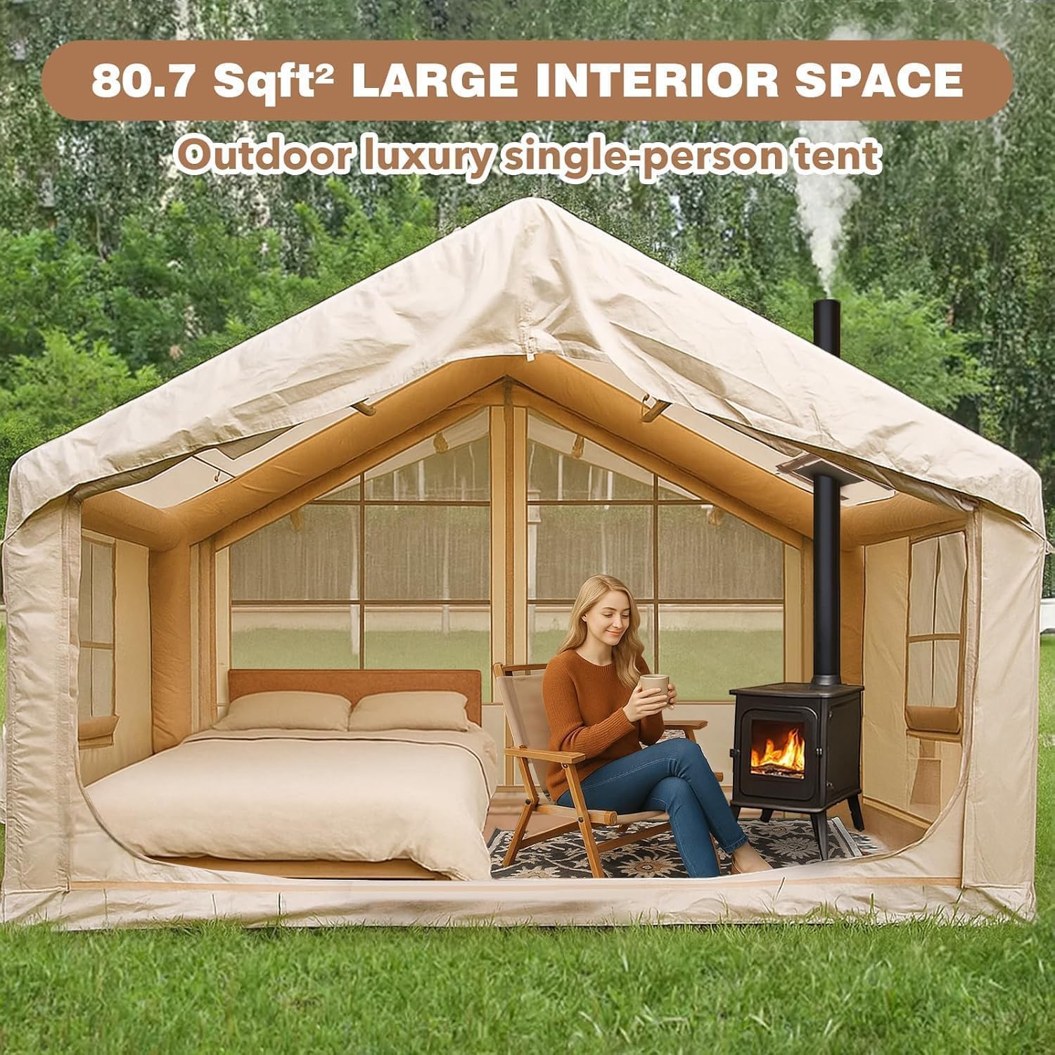 small inflatable tent Inflatable Cabin Tent 4-6 Person with AC Port & Stove Jack - 420D Oxford 4 Season Air Tent, Rainfly & Floor Mat, Beige