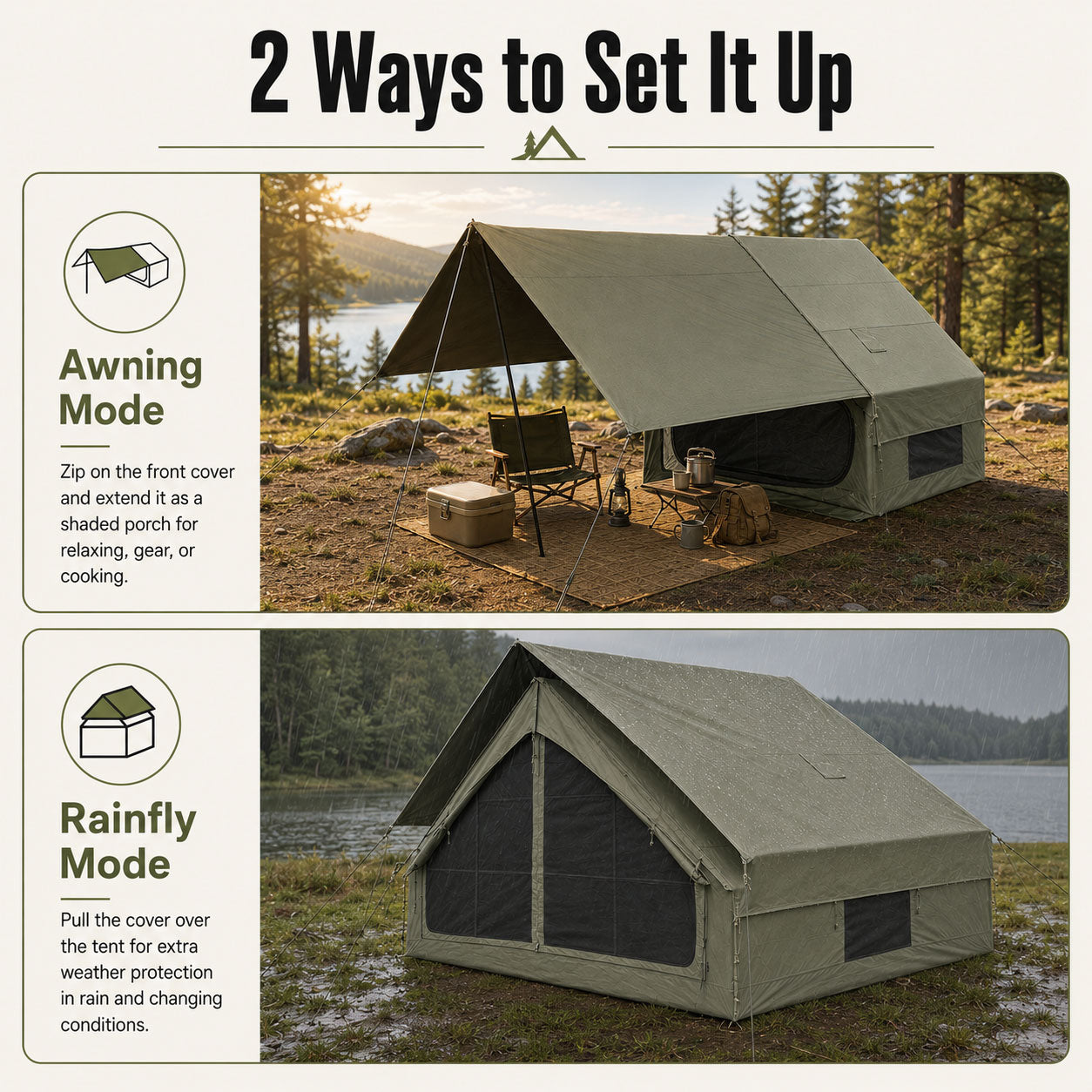7x10 Inflatable Cabin Tent with Zippered Awning, Green
