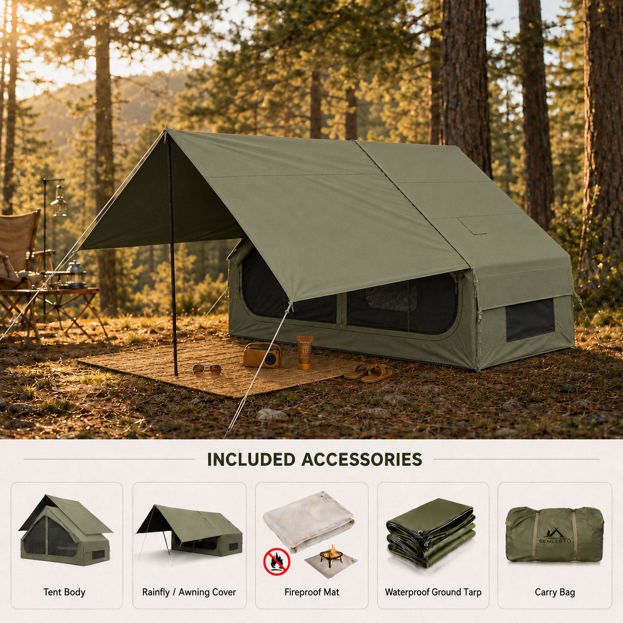 2-4 Person Compact Inflatable Tent – 7' × 10', Zippered Awning, Olive Green