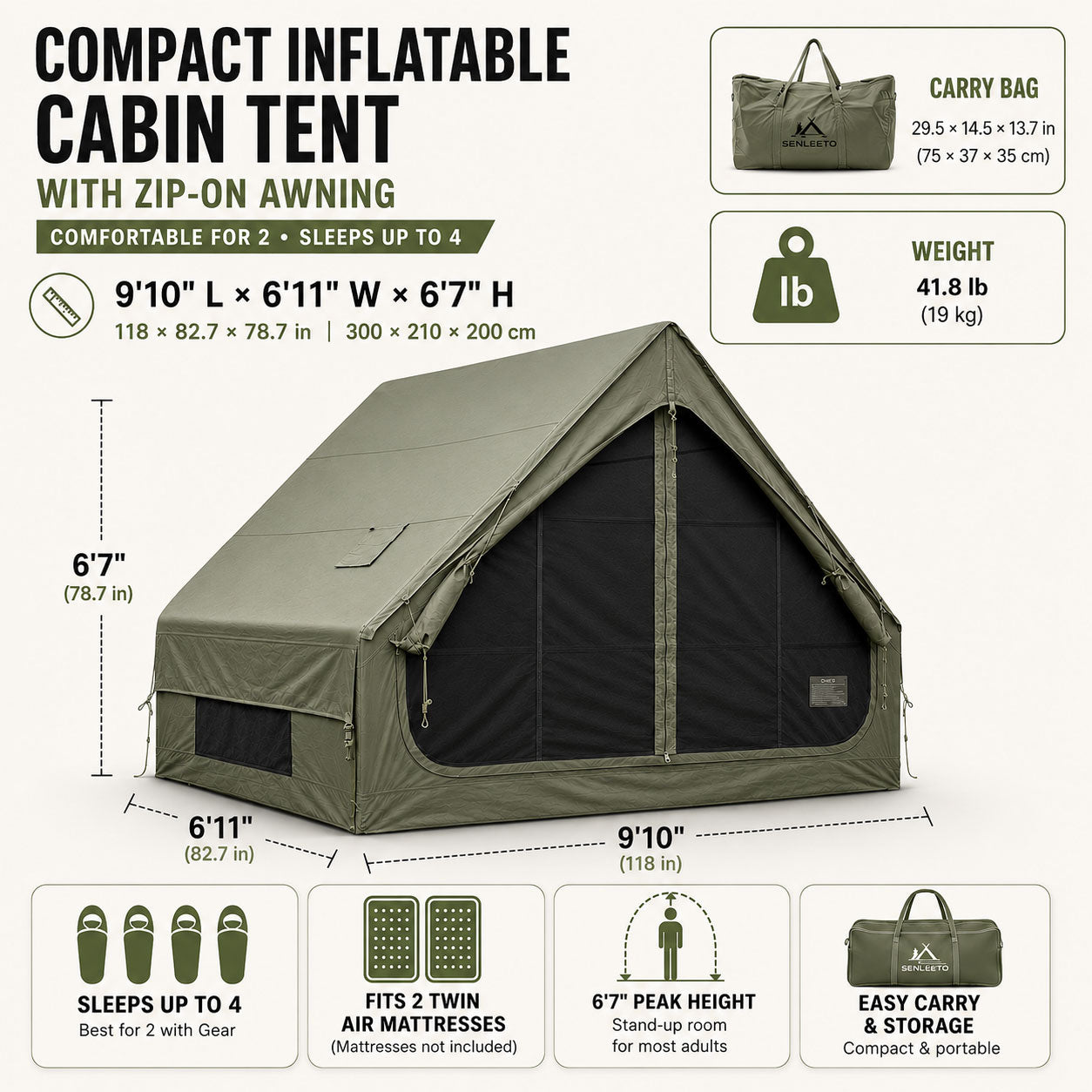 7x10 Inflatable Cabin Tent with Zippered Awning, Green