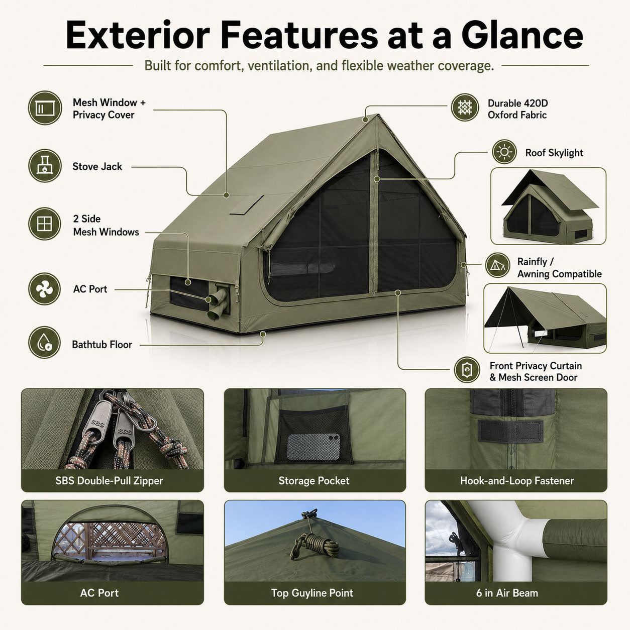 Exterior features of the Senleeto olive green inflatable cabin tent, including skylight, AC port and stove jack