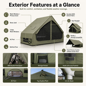 Exterior features of the Senleeto olive green inflatable cabin tent, including skylight, AC port and stove jack