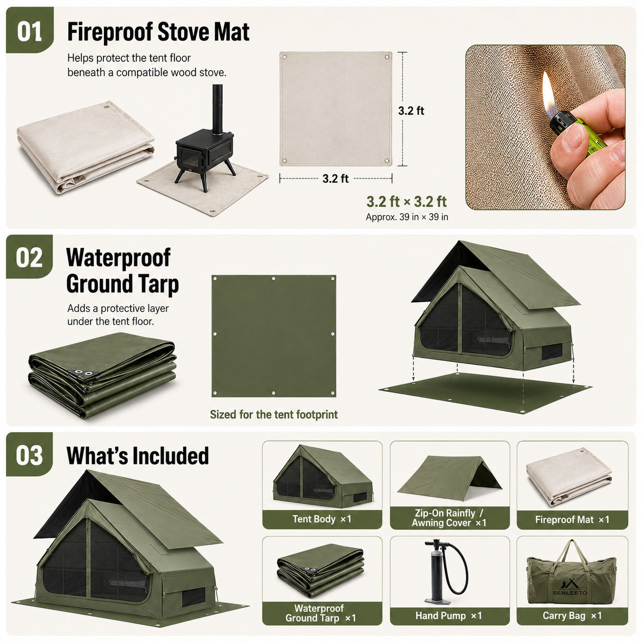 Included accessories for the Senleeto zip-on awning inflatable tent, with ground tarp, mat, pump and carry bag