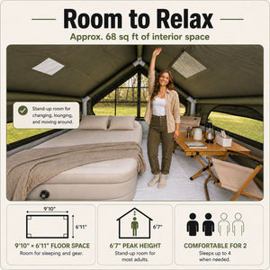 Interior of the Senleeto 7x10 inflatable cabin tent showing standing height and comfortable space for two