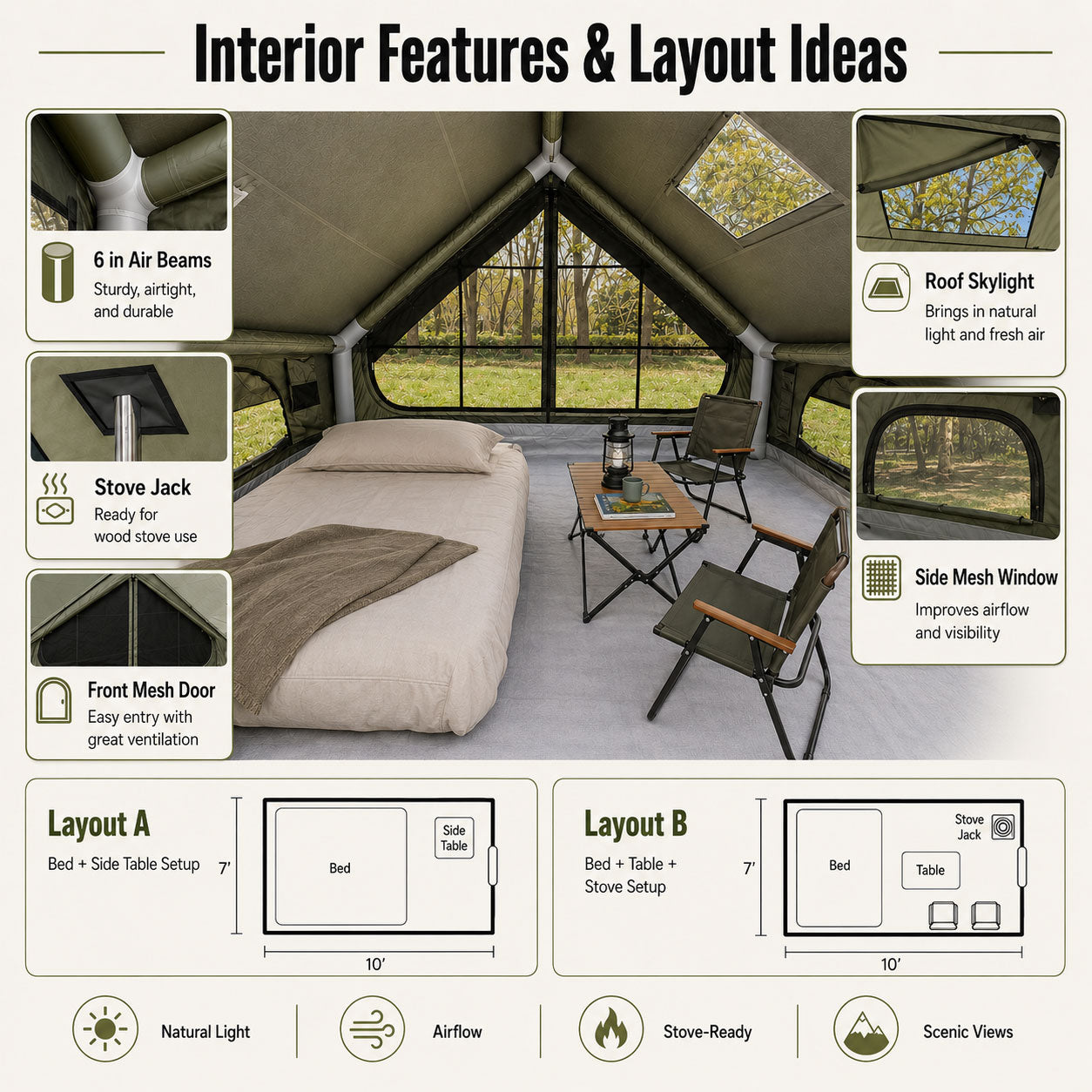 Interior features and layout ideas for the Senleeto compact inflatable tent with bed and camp table setup