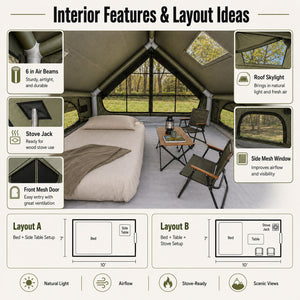 Interior features and layout ideas for the Senleeto compact inflatable tent with bed and camp table setup