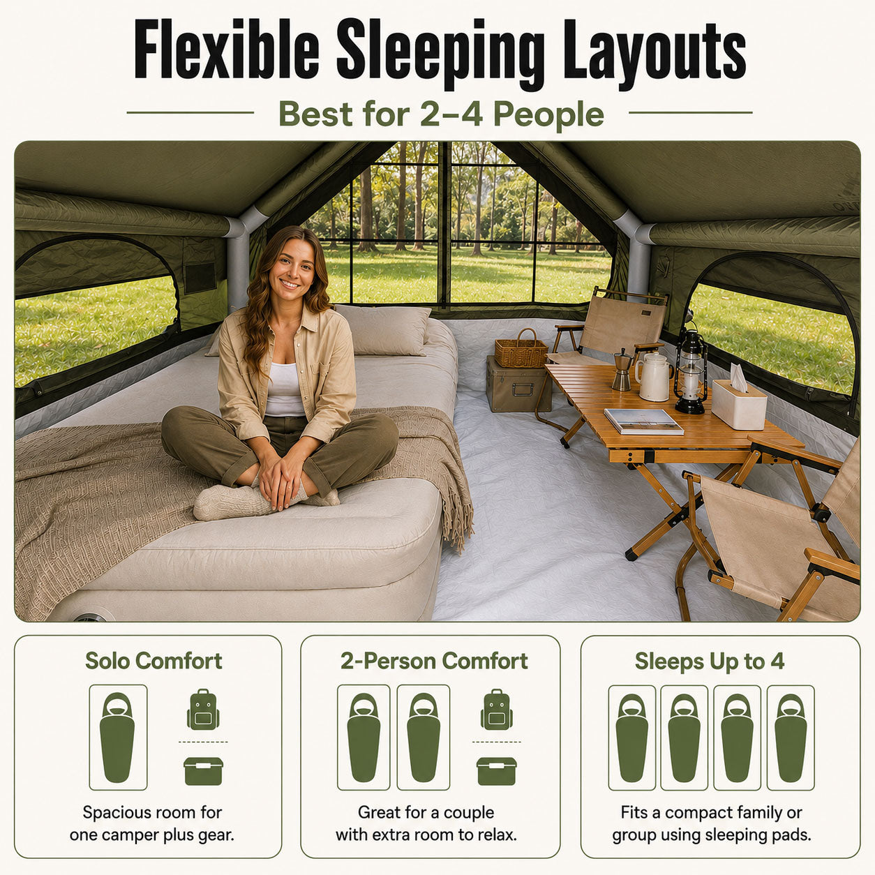 Sleeping layout options for the Senleeto compact inflatable cabin tent, comfortable for two and sleeps up to four.