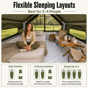Sleeping layout options for the Senleeto compact inflatable cabin tent, comfortable for two and sleeps up to four.