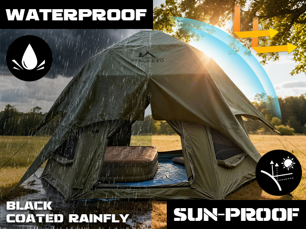 Water-resistant and warm black-coated rainfly for SENLEETO inflatable tent.