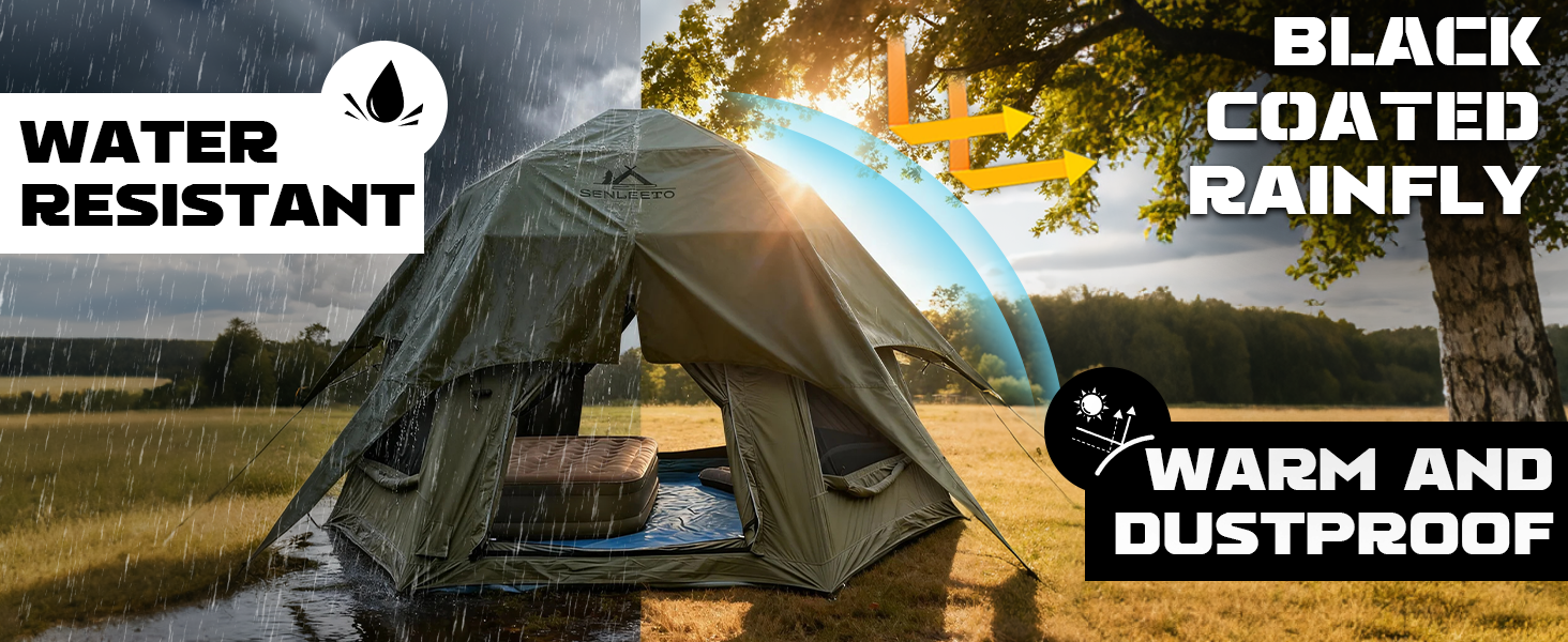 Water-resistant and warm black-coated rainfly for SENLEETO inflatable tent.