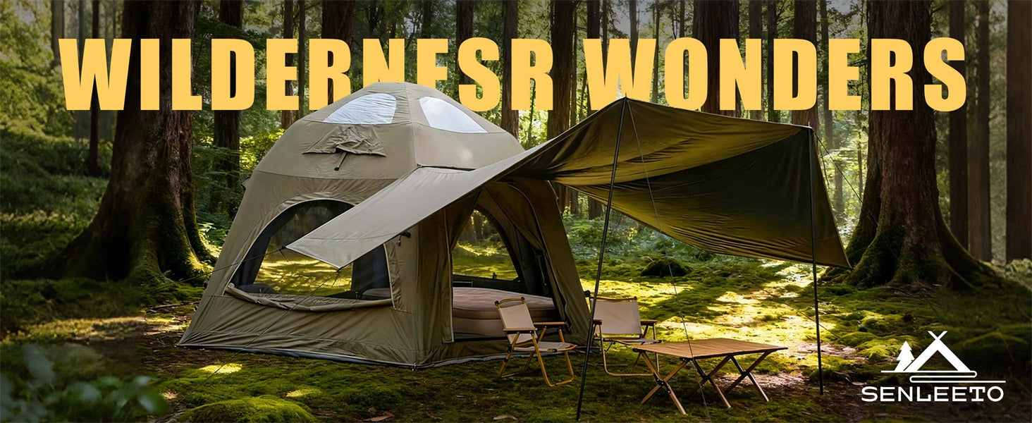 Senleeto olive green inflatable tent with a large awning and skylights, set in a lush wilderness forest.