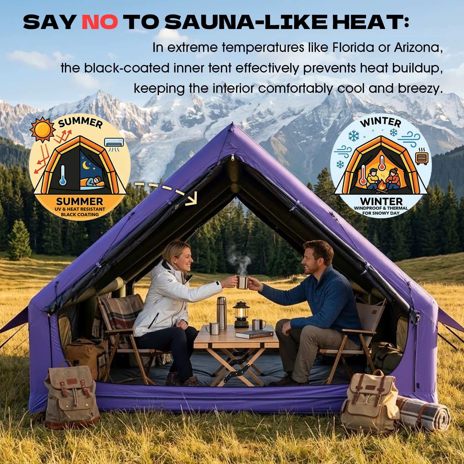 Senleeto blackout tent showing summer UV resistance and winter thermal retention with a stove for temperature control.