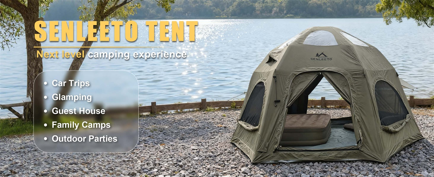 Multi-scene usage for SENLEETO tent: car trips, glamping, and family outdoor parties.