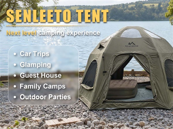Multi-scene usage for SENLEETO tent: car trips, glamping, and family outdoor parties.