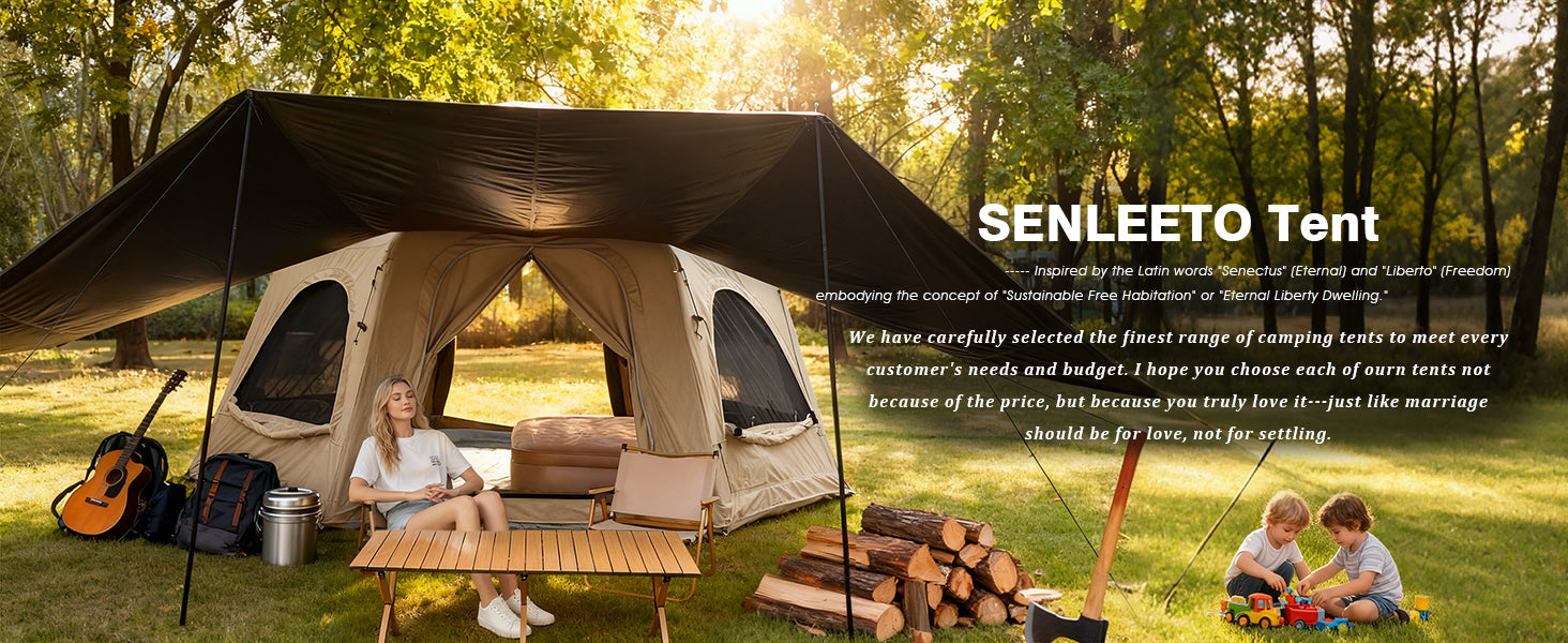 Senleeto inflatable tent with black canopy. Family glamping scene in a forest showcasing the brand's "Eternal Liberty".