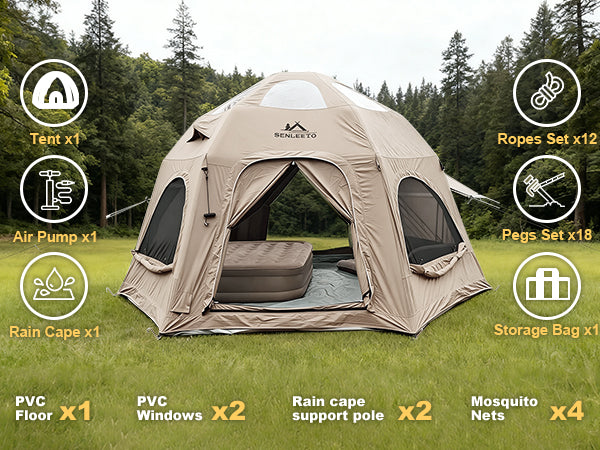 Full list of included accessories for the Senleeto dome tent.