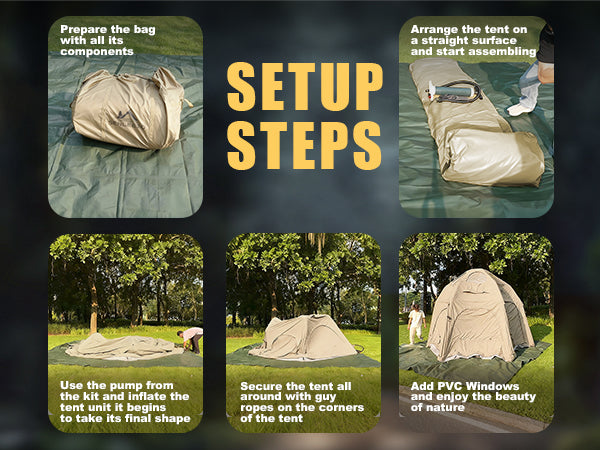 Quick setup instructions for the Senleeto inflatable dome tent.