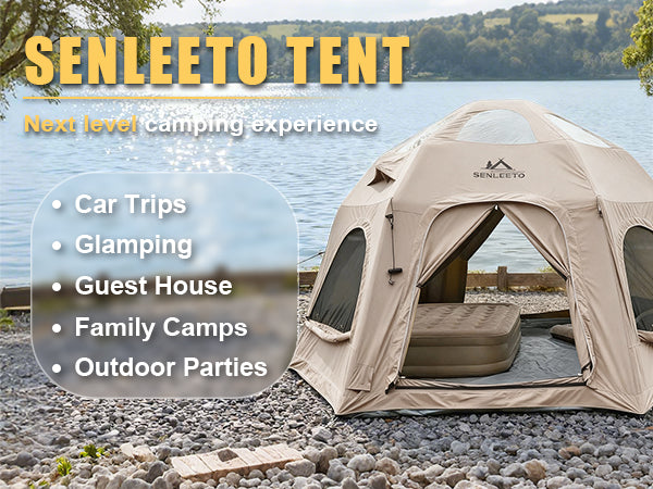 Interior features of Senleeto dome tent: sleeps up to 6, with AC and stove ports.