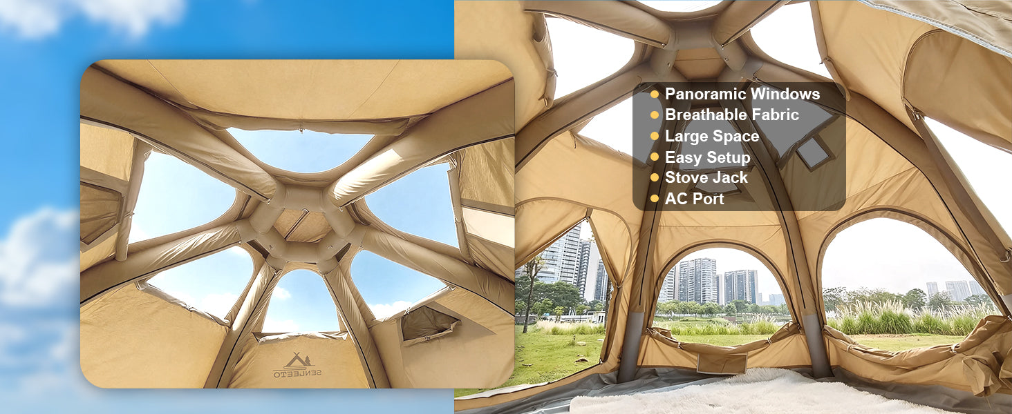 Senleeto dome tent interior: 6 panoramic skylights, breathable fabric, stove jack, and AC port for luxury glamping.