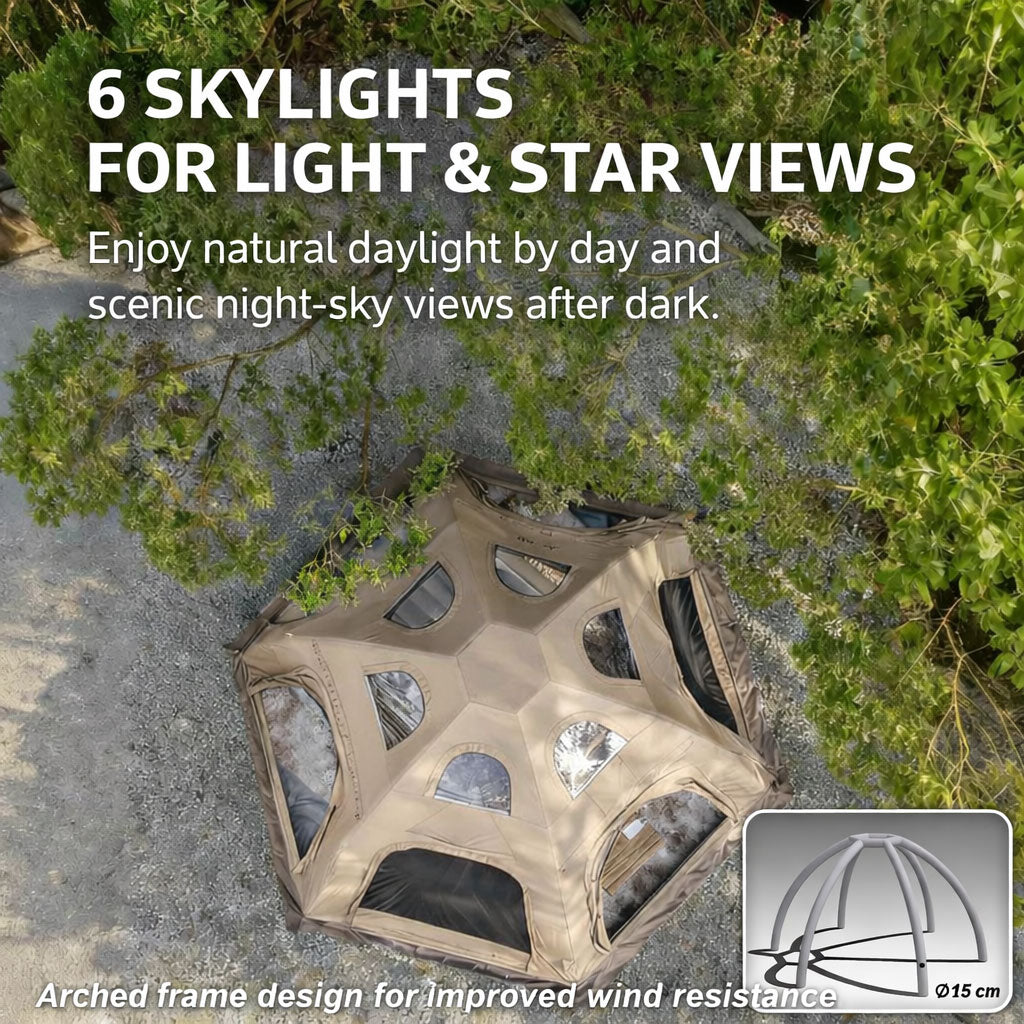 Top view of the Senleeto dome tent showing six-sided clear skylights for stargazing and a wind-resistant arched frame.