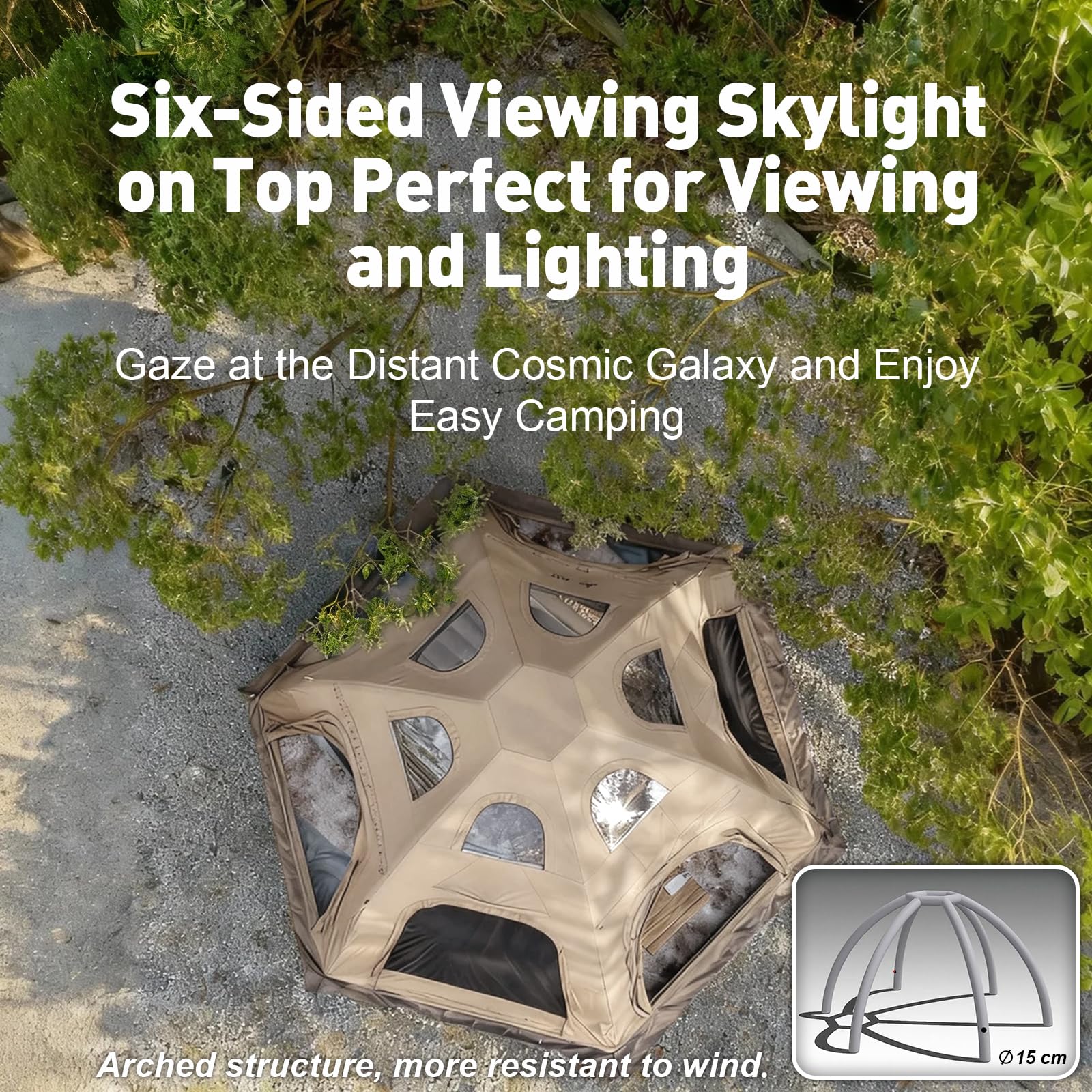 Top view of the Senleeto dome tent showing six-sided clear skylights for stargazing and a wind-resistant arched frame.