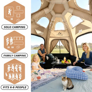 Senleeto dome tent interior layouts: comfortable solo, family, and 6-8 person sleeping modes with spacious living area.
