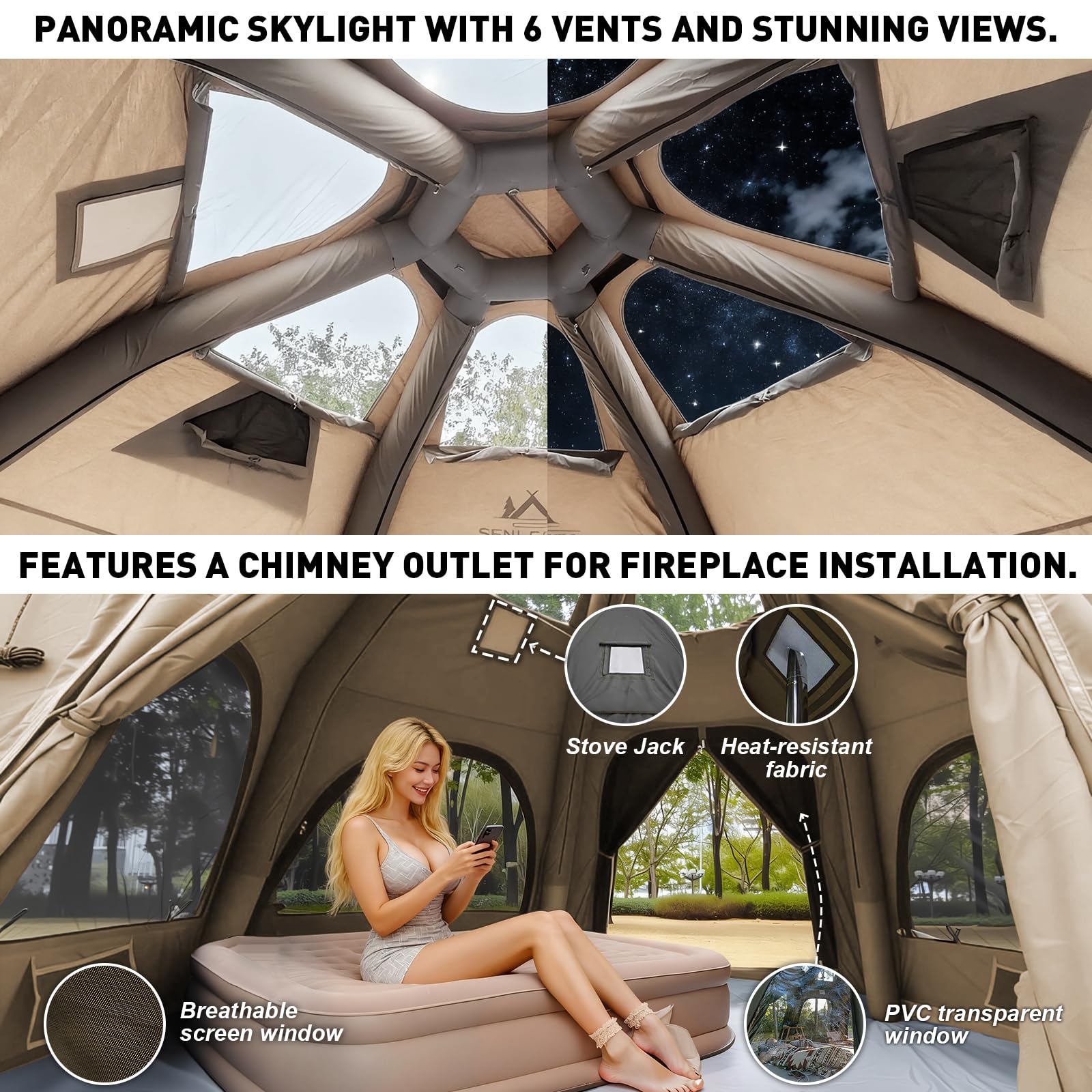 Senleeto dome tent features: fireplace stove jack, heat-resistant fabric, and breathable mesh screen windows.