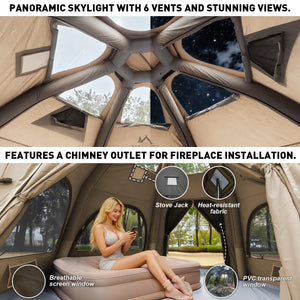 Senleeto dome tent features: fireplace stove jack, heat-resistant fabric, and breathable mesh screen windows.