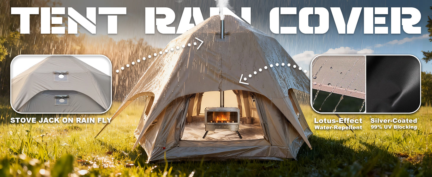 Waterproof Senleeto dome tent rain cover with stove jack and silver-coated fabric for all-weather luxury glamping.