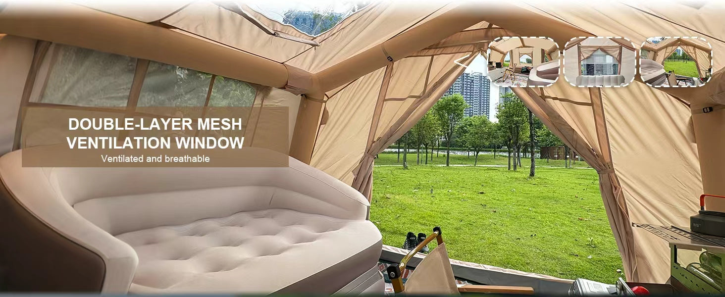 Senleeto inflatable tent: double-layer mesh windows for bug-free airflow and panoramic views. Premium glamping comfort.