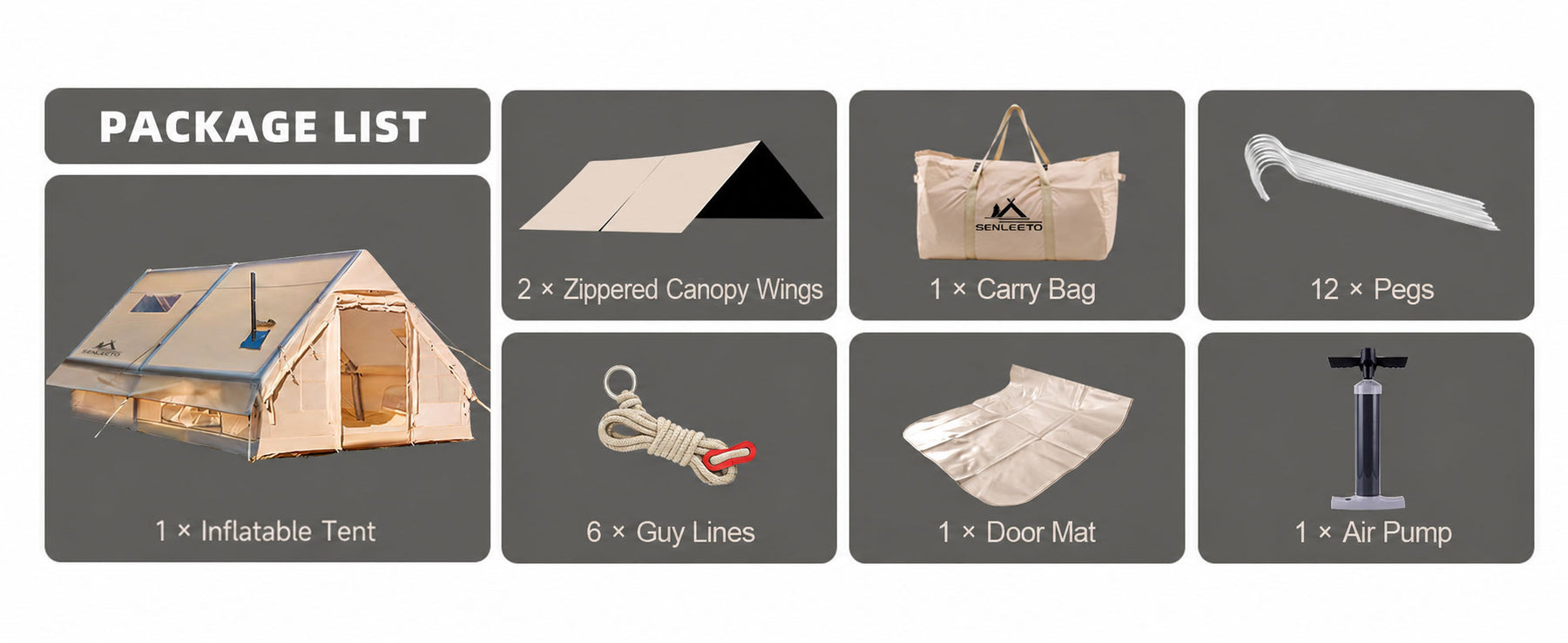 Senleeto khaki beige dual extension inflatable cabin tent full canopy kit contents with zippered canopy wings, carry bag, pegs, guy lines, door mat, and air pump