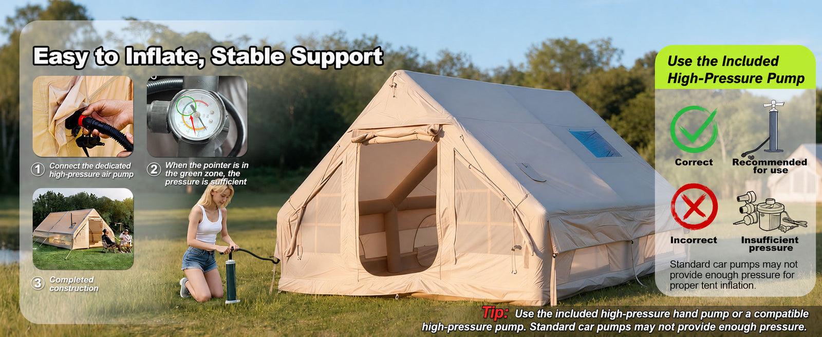 Senleeto inflatable tent quick setup guide showing spread, stake, inflate and guy out steps