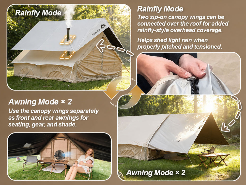 Mobile infographic showing Senleeto khaki beige dual extension cabin tent rainfly mode and awning mode with zip-on canopy wings