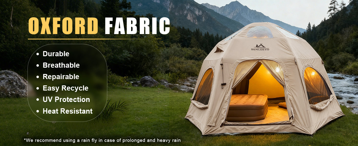 Senleeto inflatable dome tent: durable Oxford fabric, breathable, UV protection, and heat resistant for glamping.