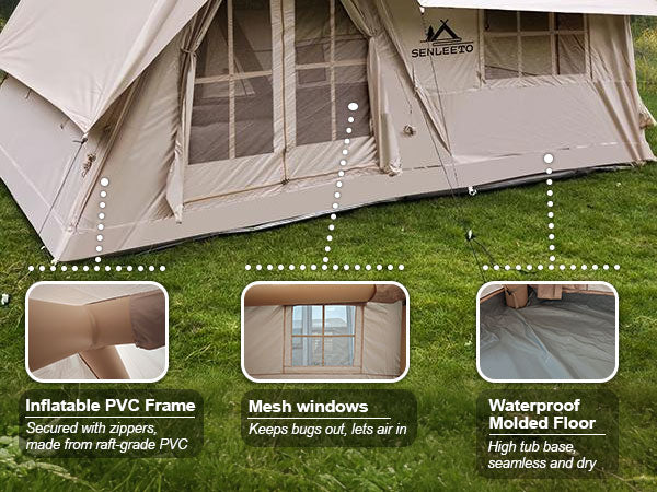 Senleeto tent details: inflatable PVC frame, mesh windows, and waterproof tub floor.
