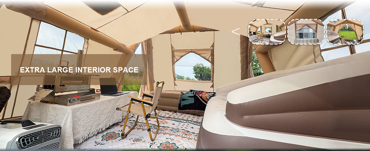 Senleeto inflatable tent extra large interior: glamping setup with sofa, bed, and work table for premium comfort.