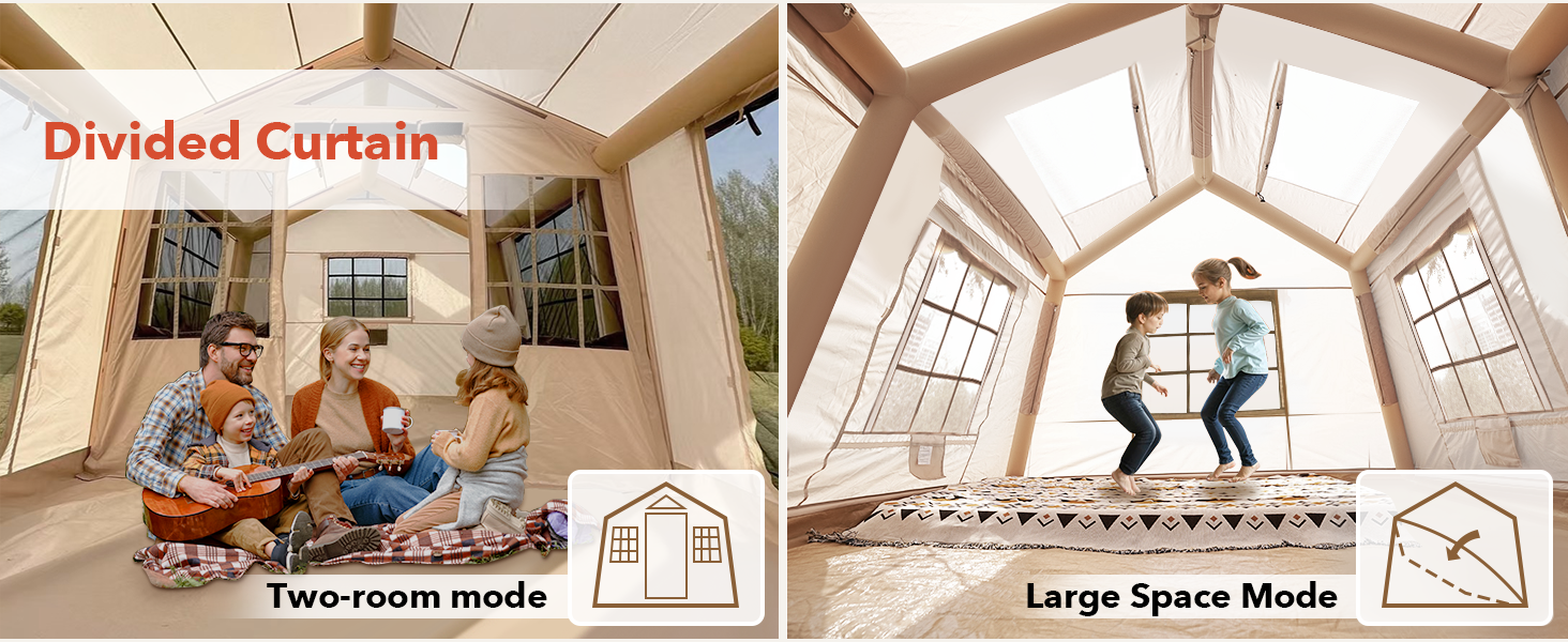 Senleeto tent interior modes: Two-room mode for privacy and Large Space mode for family play with a divided curtain.